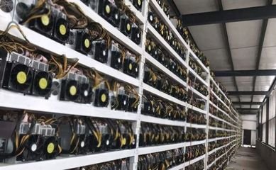A bustling mining farm with multiple rigs working cohesively