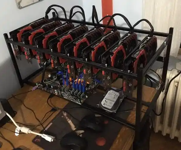 A close-up shot of the intricate components of a mining rig, highlighting the cooling systems and powerful processing units