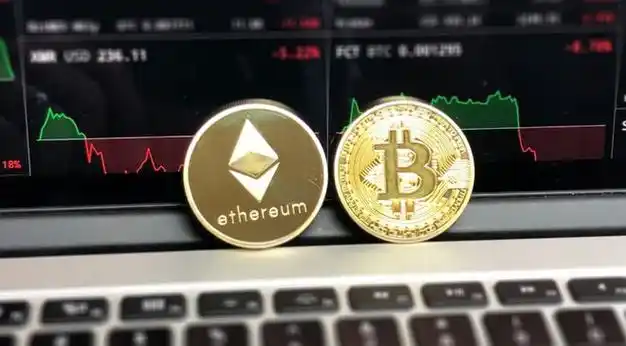 Ethereum logo alongside Bitcoin in a digital market